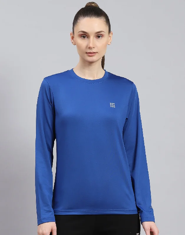 Women Blue Solid Round Neck Full Sleeve Top