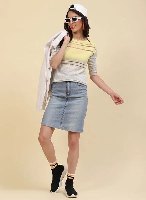 Women Grey & Yellow Stripe Top