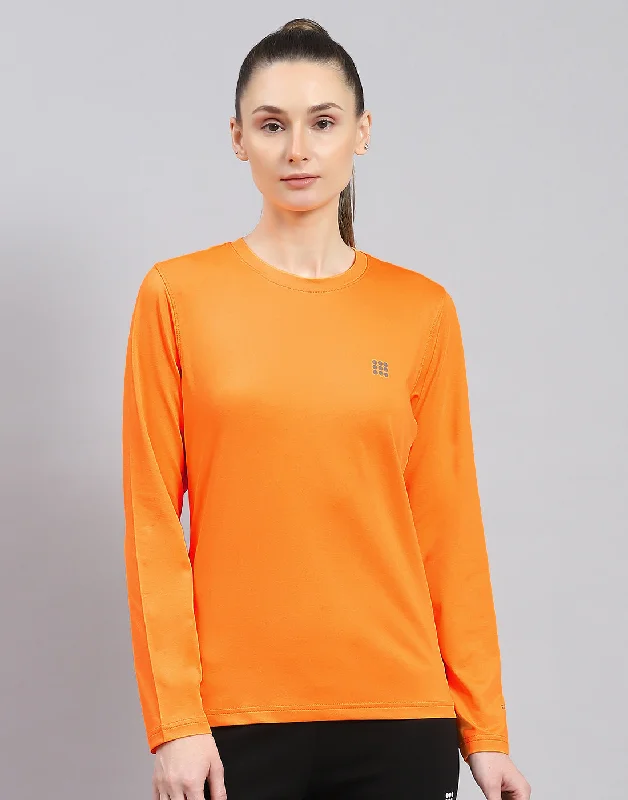 Women Orange Solid Round Neck Full Sleeve Top