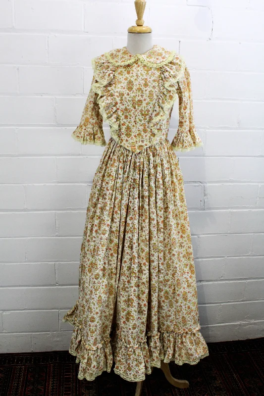 Vintage 1960s Floral Prairie Maxi Dress with Peter Pan Collar, Small