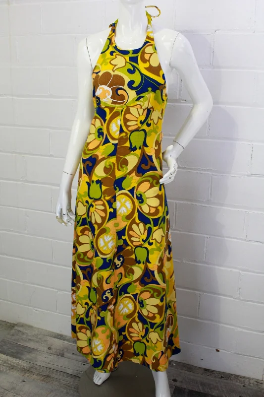 Vintage 1970s Floral Halter Dress, Blue and Green Flower Print, XS