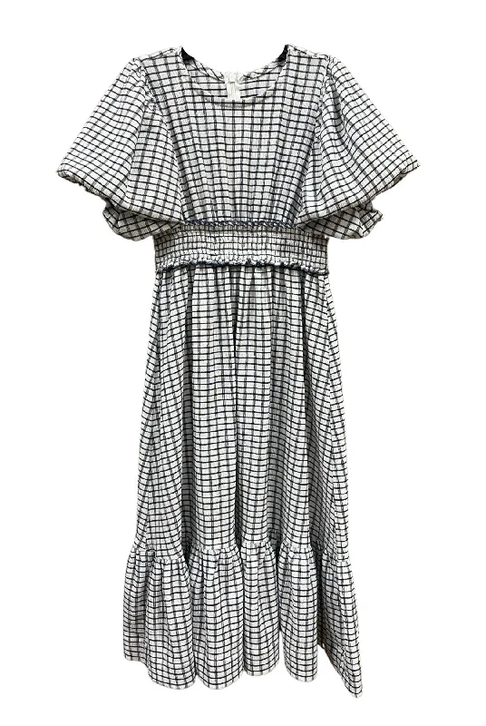 maxi dress checkered waisted with puff sleeves - black/white