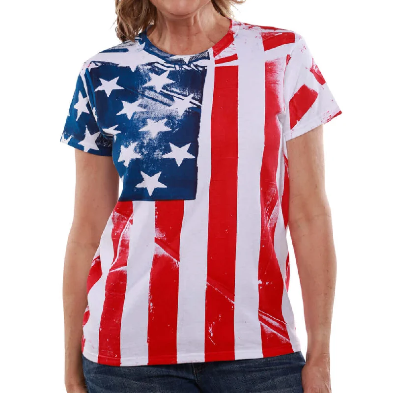 Women's American Flag Hand Silk Screen T-shirt