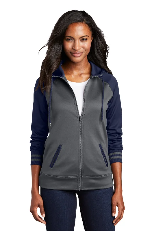 Sport-Tek Womens Sport-Wick Moisture Wicking Fleece Hooded Sweatshirt Hoodie w/ Pockets - Dark Smoke Grey/Navy Blue