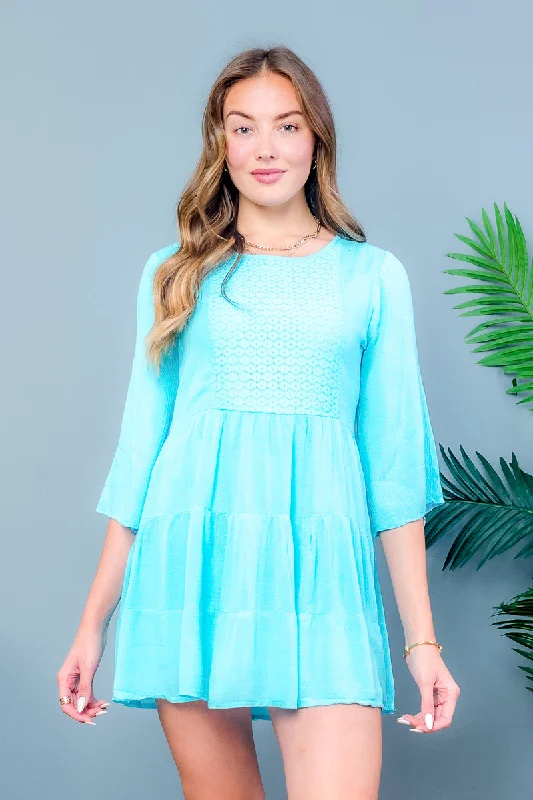 3/4 Sleeve Round Neck Bohemian Mini Dress With Lining (1087)