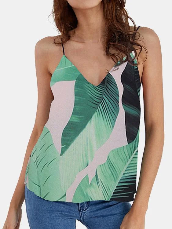 Custom V-Neck Printed Backless Spaghetti Strap Sleeveless Curved Hem Camis