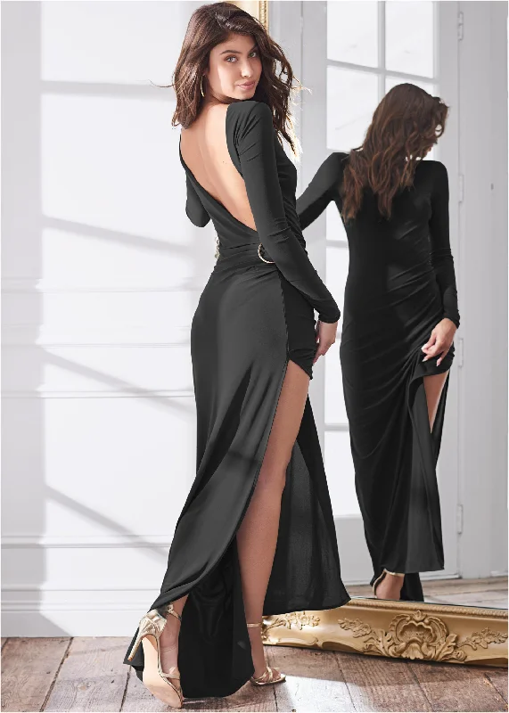 Plunging Back Long Dress - Black