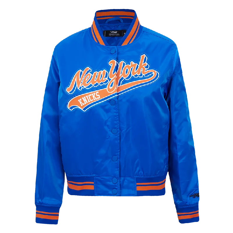 NBA NEW YORK KNICKS SCRIPT TAIL WOMEN'S SATIN JACKET (ROYAL/ORANGE/ROYAL)