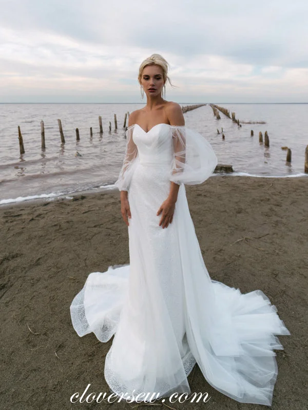 Glitter Tulle Off The Shoulder Shiny Beach Wedding Dresses, CW0347