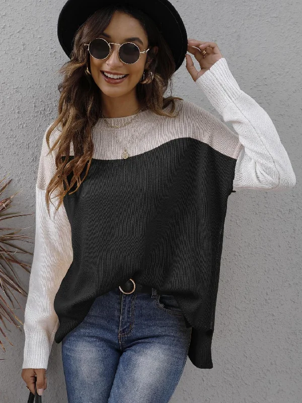 Color Block Round Neck Dropped Shoulder Two-Tone Sweater