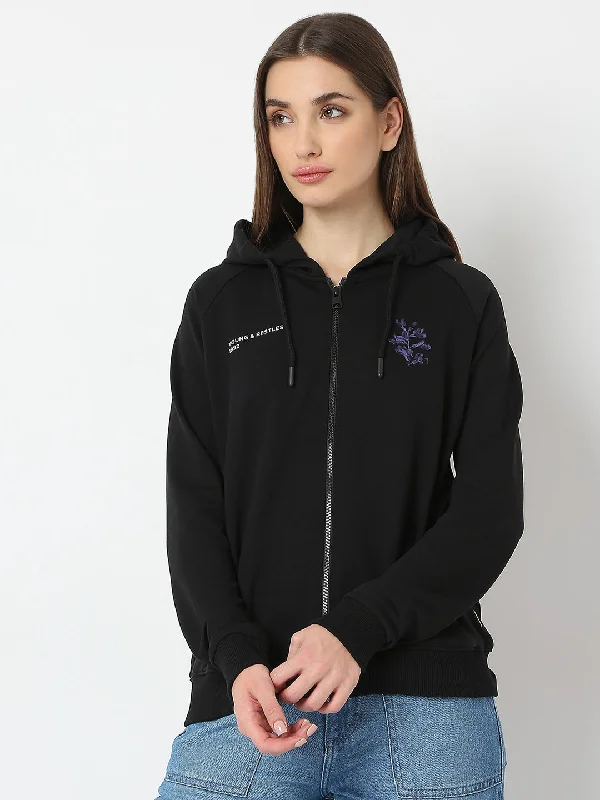 Spykar Black Full Sleeves Hooded Sweatshirt For Women