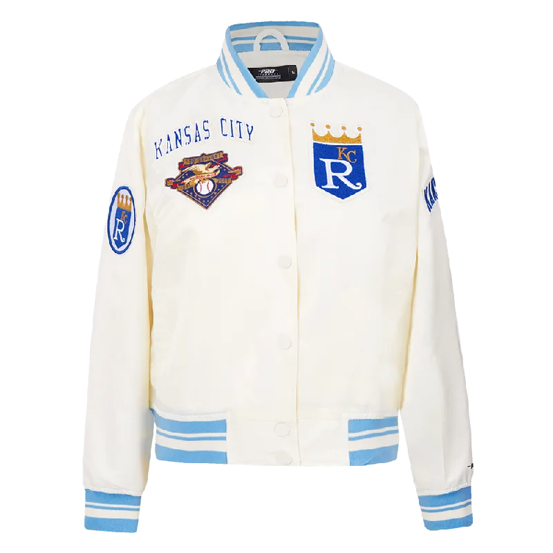 MLB KANSAS CITY ROYALS RETRO CLASSIC WOMEN'S RIB SATIN JACKET (EGGSHELL/ UNIVERSITY BLUE)