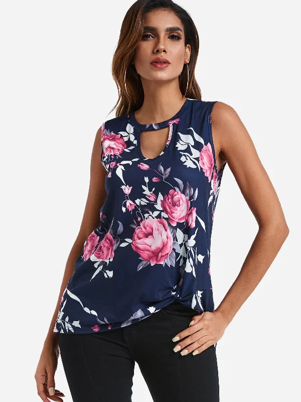 Custom Crew Neck Floral Print Cut Out Navy Tank Top