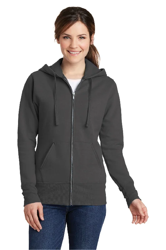 Port & Company Womens Core Pill Resistant Fleece Full Zip Hooded Sweatshirt Hoodie w/ Pockets - Charcoal Grey - Closeout