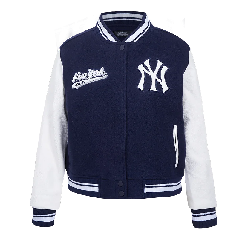 MLB NEW YORK YANKEES SCRIPT TAIL WOMEN'S WOOL VARSITY JACKET (MIDNIGHT NAVY/WHITE)