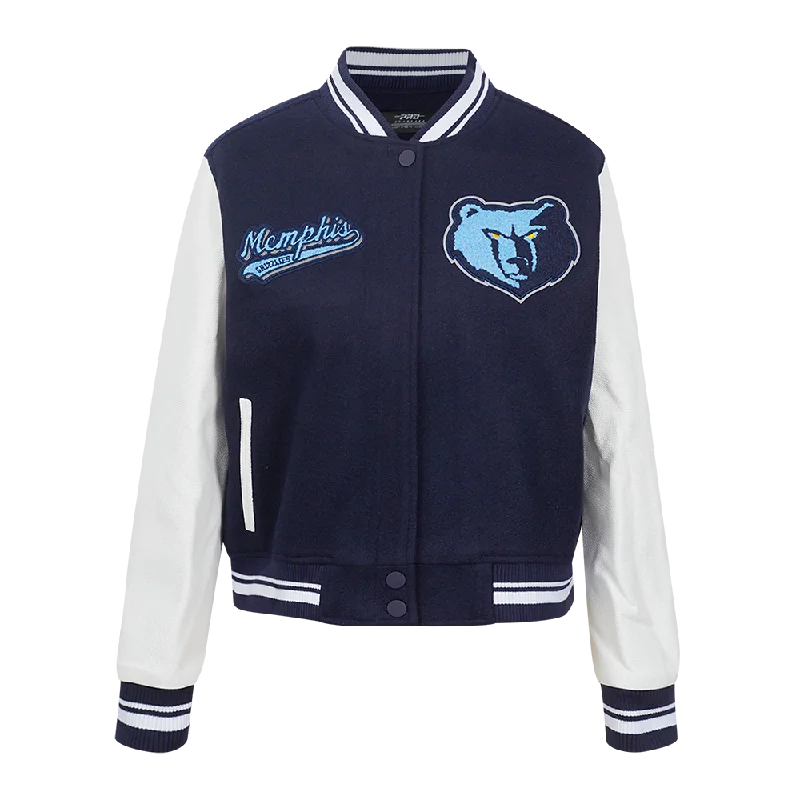 NBA MEMPHIS GRIZZLIES SCRIPT TAIL WOMEN'S WOOL VARSITY JACKET (MIDNIGHT NAVY/WHITE)