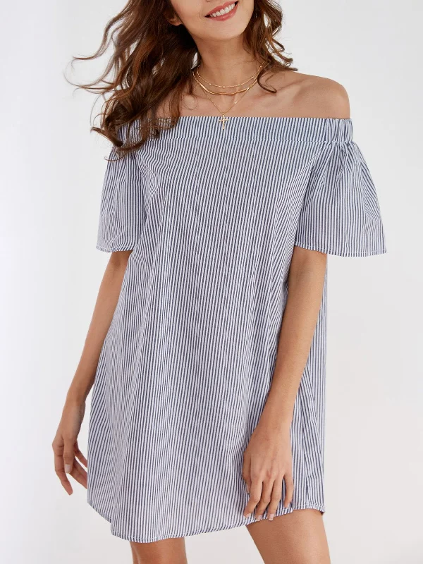 Wholesale Navy Off The Shoulder Short Sleeve Stripe Mini Dresses