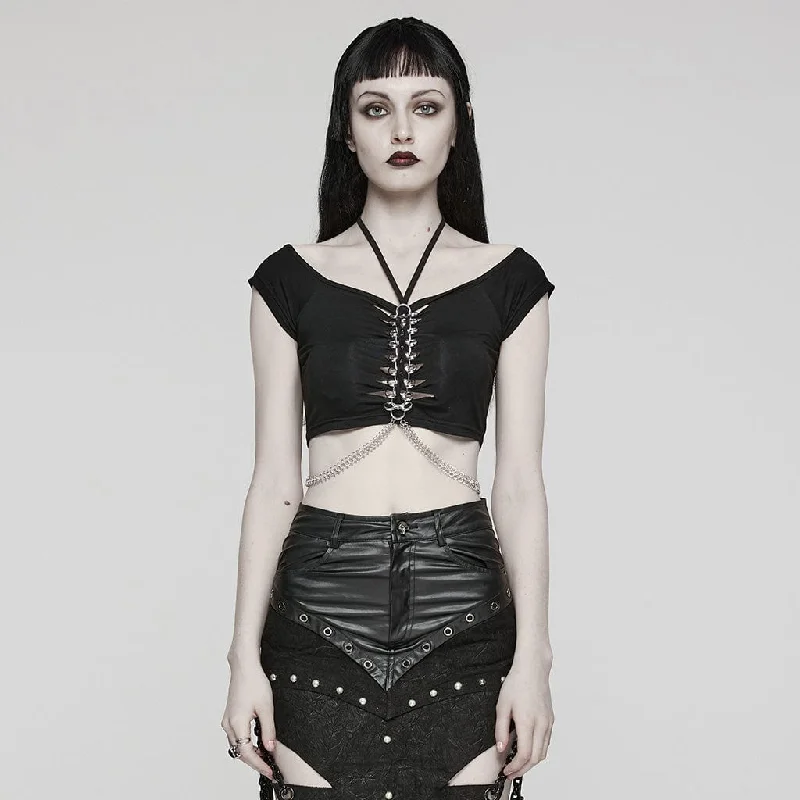 Women's Punk Cutout Ring Chain Short Sleeved Crop Top