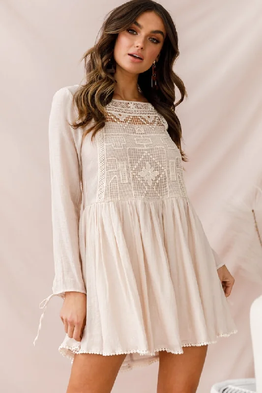 Cassie Embroidered Bust Swing Dress Beige