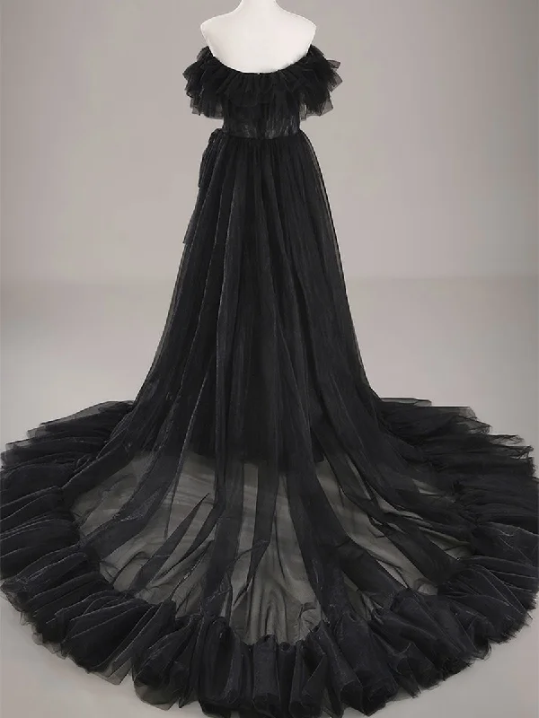 High Low Black Wedding Dress Cheap A line Tulle