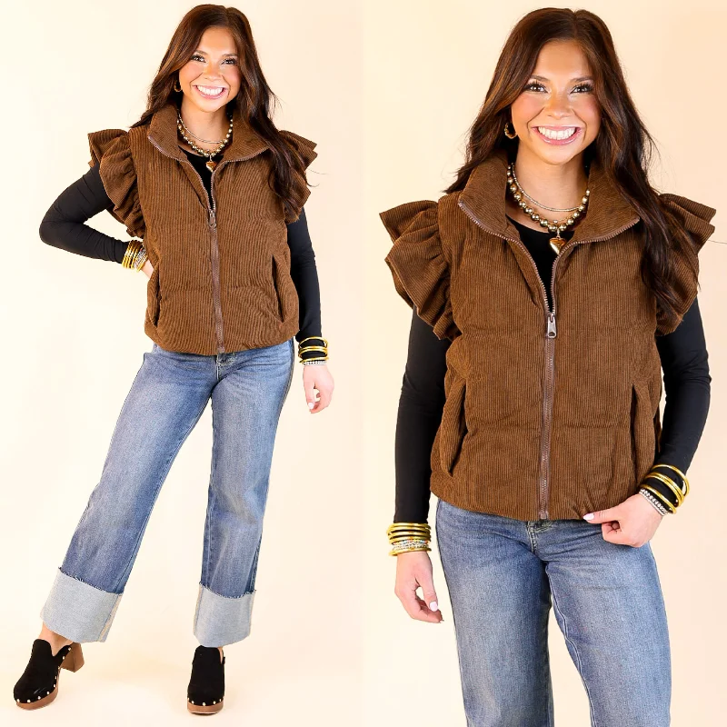 Winter Wanderlust Corduroy Puffer Vest with Ruffle Sleeves in Brown