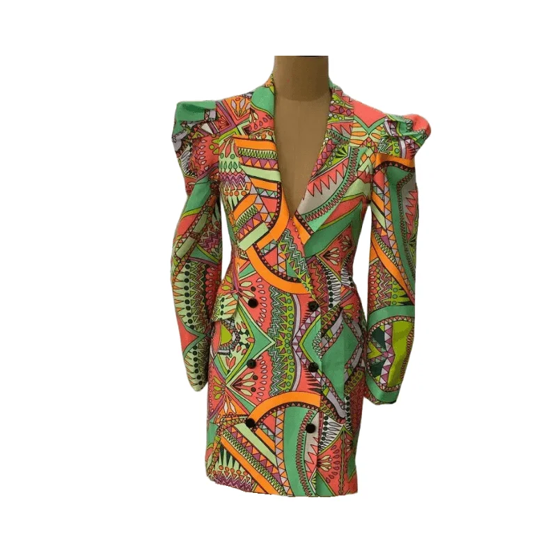 Green Aztec Puff Sleeves Blazer Dress