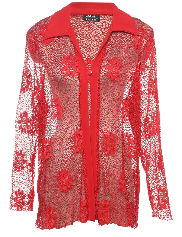 Classic Red Sheer Floral Blouse - L