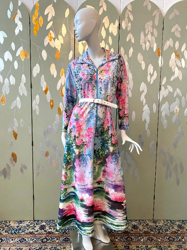 Vintage 1970s Pink & Blue Watercolour Floral Lounge Dress, Large