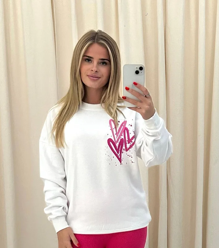 Miss Runway Pink Heart Graffiti Sweatshirt White