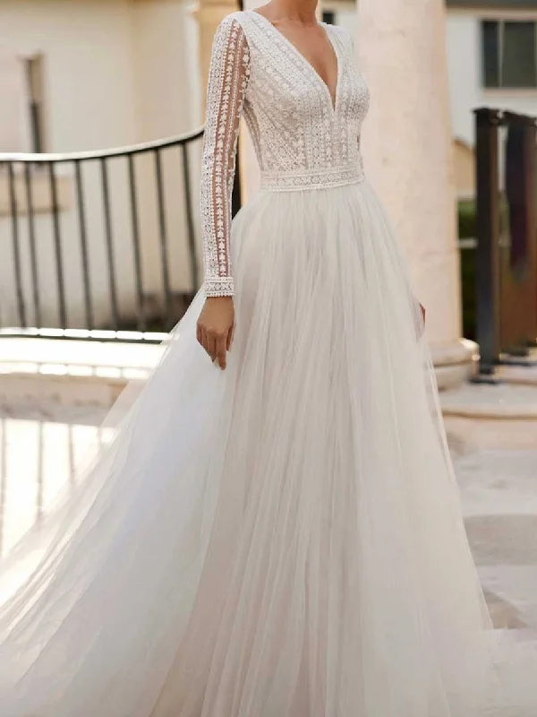 Long Sleeve V-Neck Wedding Dress A line Tulle Winter