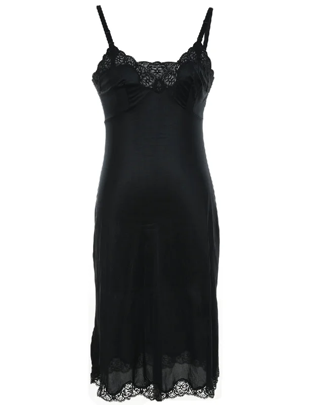 Classic Lace Trim Black Slip Dress - S