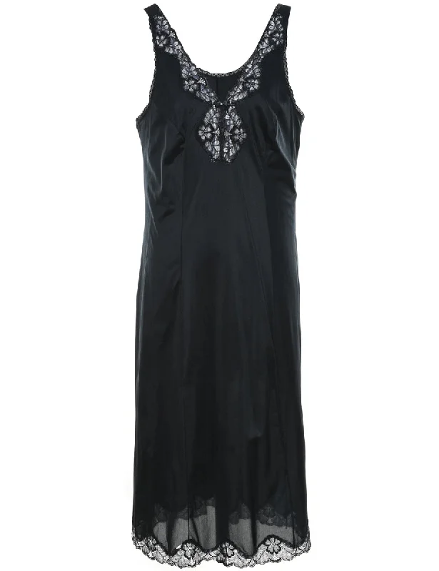 Classic Black Lace Trim Slip Dress - L