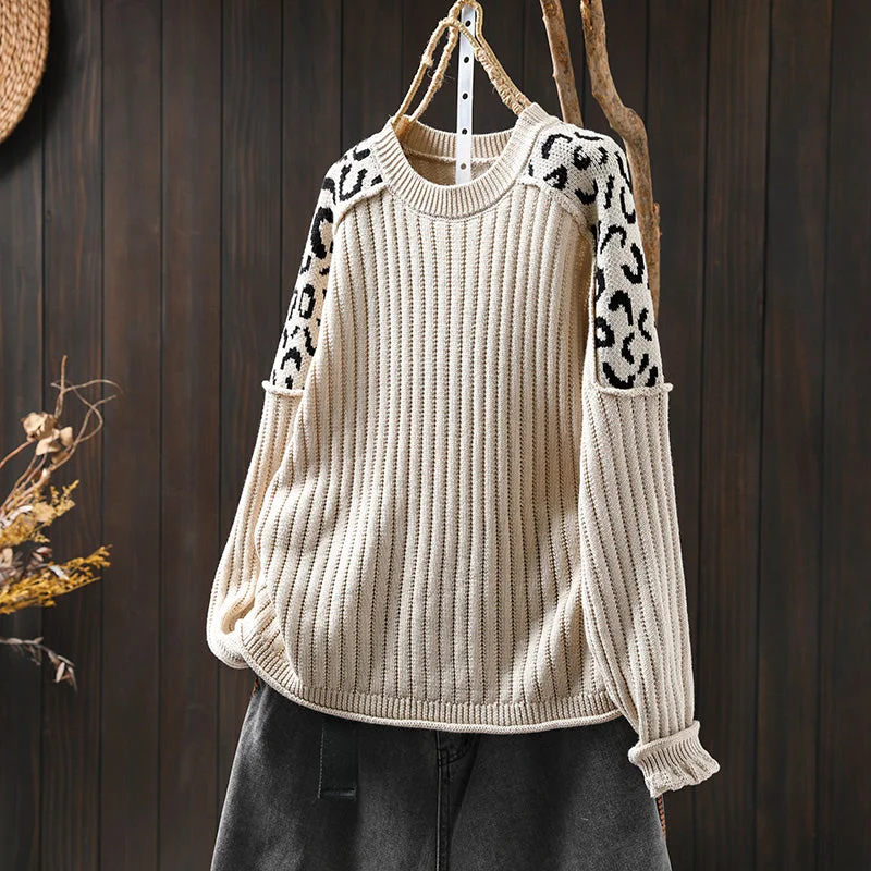 Women Spring Leopard Print Colorblock Knit Cotton Sweater