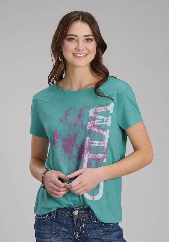 Roper Womens Wild Horses Turquoise Poly/Rayon Yoked S/S T-Shirt