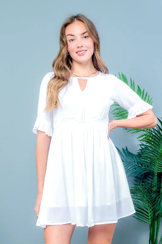 Bohemian 3/4 Ruffle Sleeve Solid Mini Dress Front Key Hole  With Linen (1070)