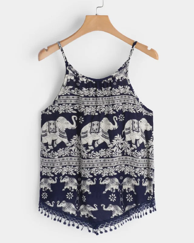 Custom Scoop Neck Printed Sleeveless Navy Camis