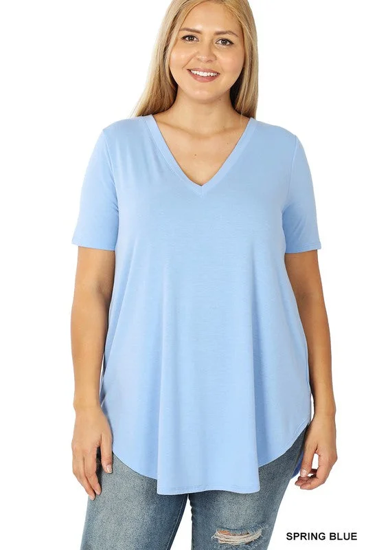 PLUS SHORT SLEEVE V-NECK ROUND HEM TOP