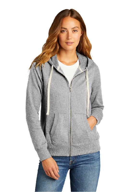 District Womens Re-Fleece Full Zip Hooded Sweatshirt Hoodie w/ Pockets - Heather Light Grey