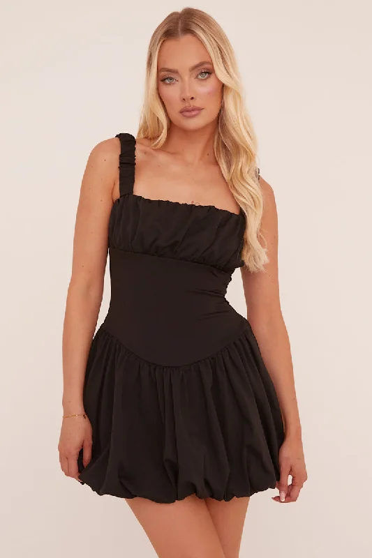 Black Ruching Detail Puffball Mini Dress - Katie