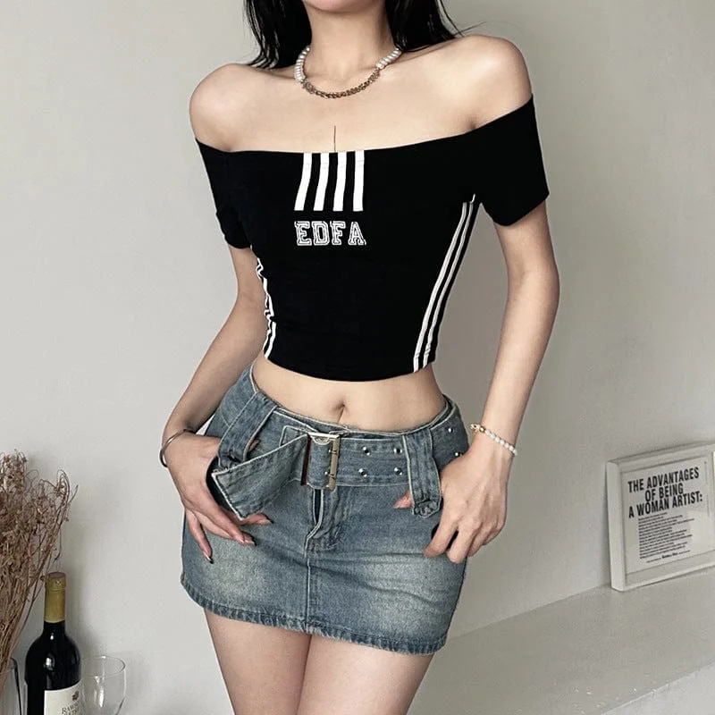 Women's Grunge Off Shoulder Letter Printed Crop Top