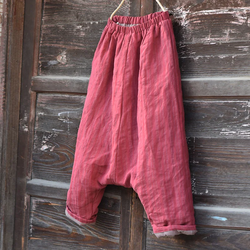 Women Striped Warm Drop-Crotch Cotton Linen Pants