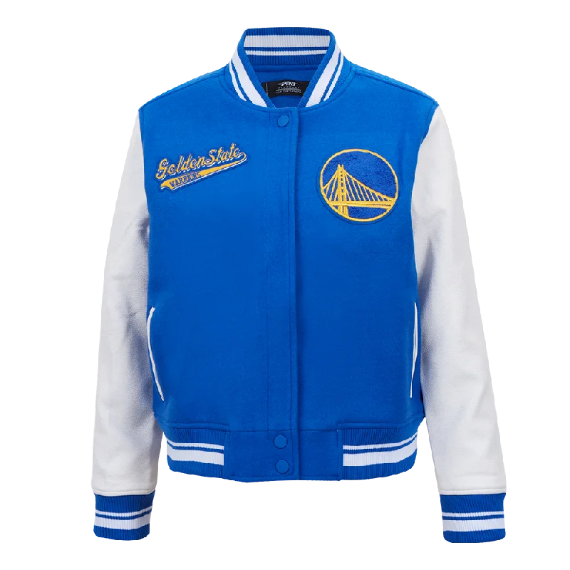 NBA GOLDEN STATE WARRIORS SCRIPT TAIL WOMEN'S WOOL VARSITY JACKET (ROYAL BLUE/WHITE)