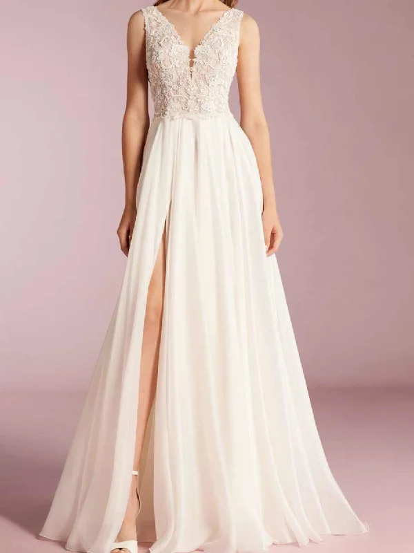 2024 Sleeveless V Neck Wedding Dress A-line Slit