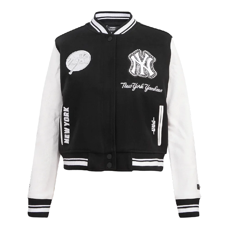 MLB NEW YORK YANKEES PEARLS WOMEN'S RIB WOOL VARSITY JACKET (BLACK/WHITE)