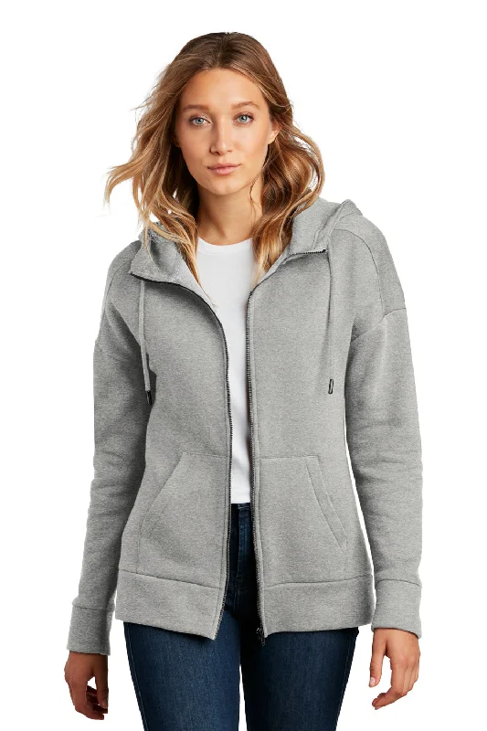 District Womens Perfect Weight Fleece Full Zip Hooded Sweatshirt Hoodie w/ Pockets - Heather Steel Grey