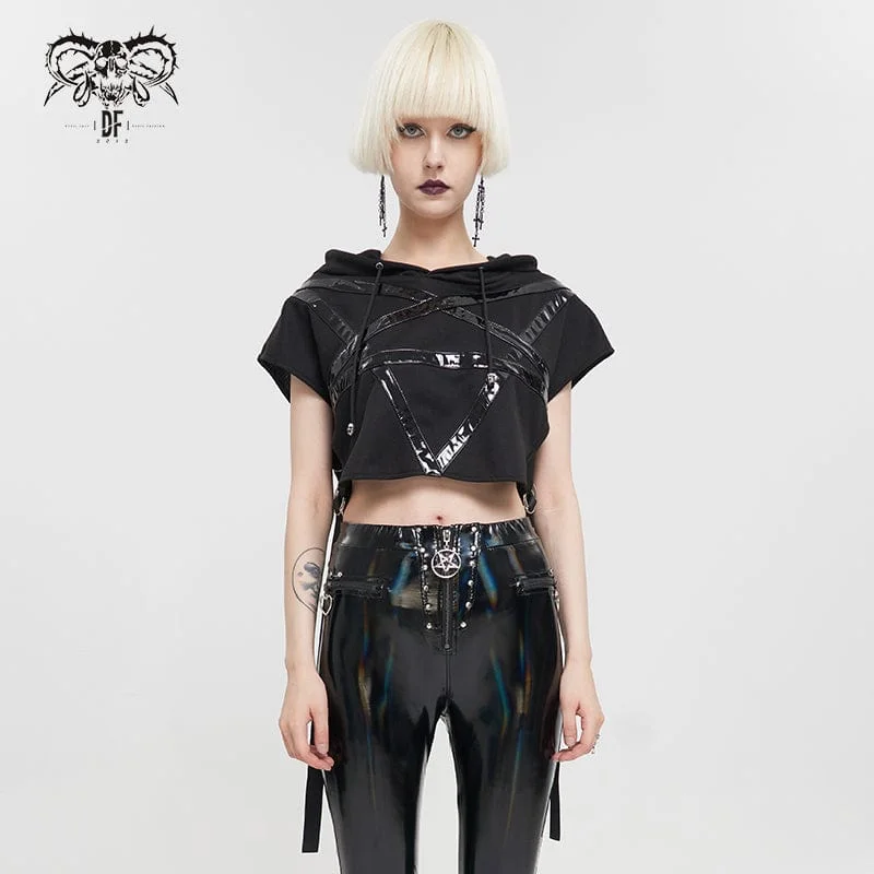 Women's Punk Strap Splice Asymmetric Short Sleeved Crop Top