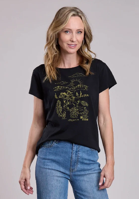 Stetson Womens Vintage Cowgirl Scene Black Cotton Blend S/S T-Shirt