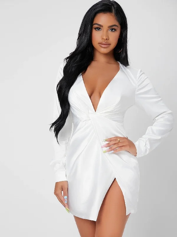 Plain Twist Long Sleeve Deep V Neck Wrap High Waist Mini Dress