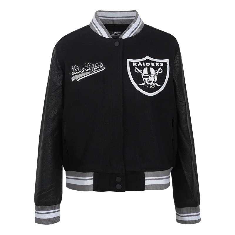 NFL LAS VEGAS RAIDERS SCRIPT TAIL WOMEN'S WOOL VARSITY JACKET (BLACK/GRAY)