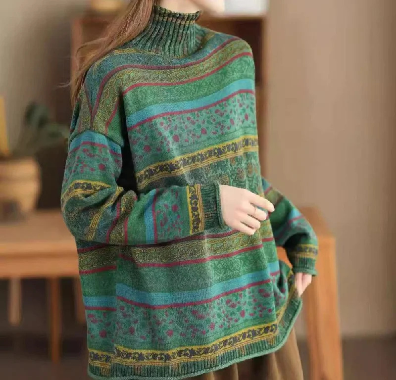 Vintage Floral Patterned Mock Neck Knit Sweater for Women